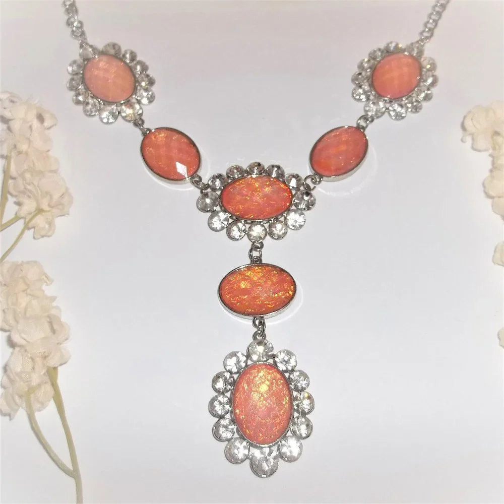 Pre-owned Statement Necklace Orange Peach and Silver White Rhinestones Big A206